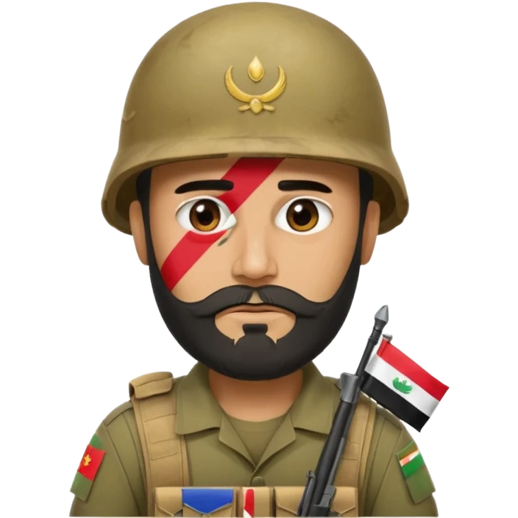 A very tired and sad, swarthy Iraqi soldier with a beard, an Iraqi flag on his helmet, a sad expression and bags under his eyes emoji