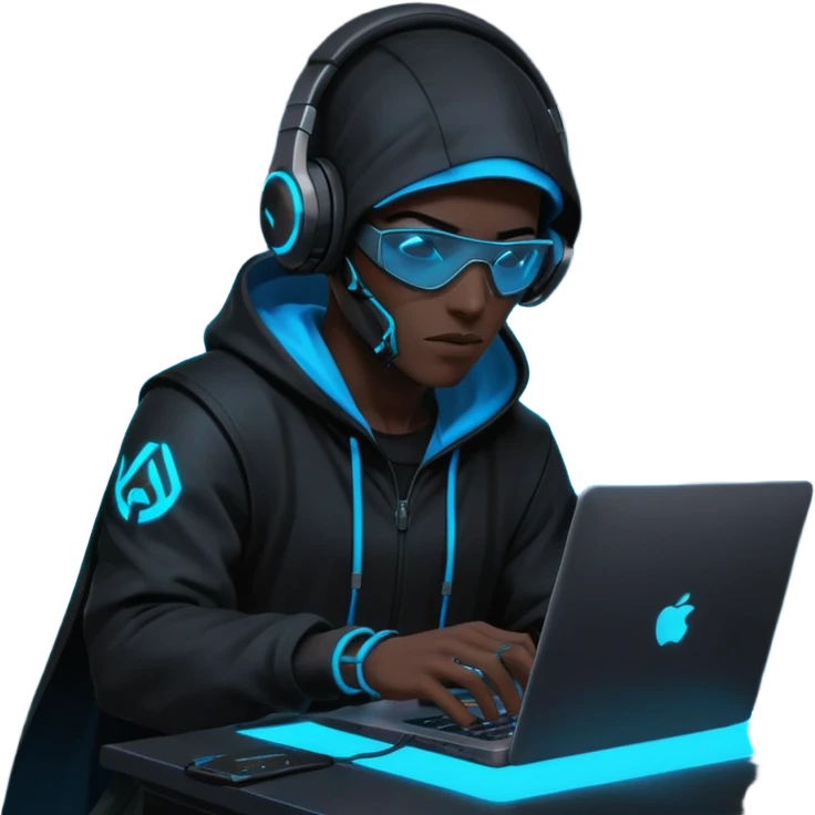 developer behind his laptop with this style : crysis Cyberpunk Valorant neon glowing bright blue character blue black hooded assassin themed character emoji