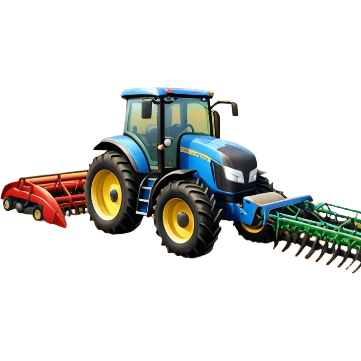 An icon representing a farming simulator, with a detailed tractor plowing fields under a bright sky with rural landscape. The design includes farming tools, crops and barns, symbolizing the immersive experience of managing a farm. Transparent background. emoji