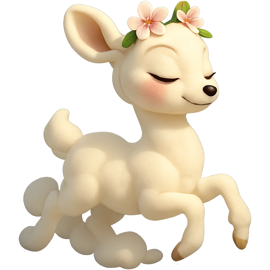 elegant feminine vanilla cloud doe with rosy cheeks and cherry flowers on its head, floating gracefully, Pixar art style, subtle tasteful confident, no explicit or revealing features emoji