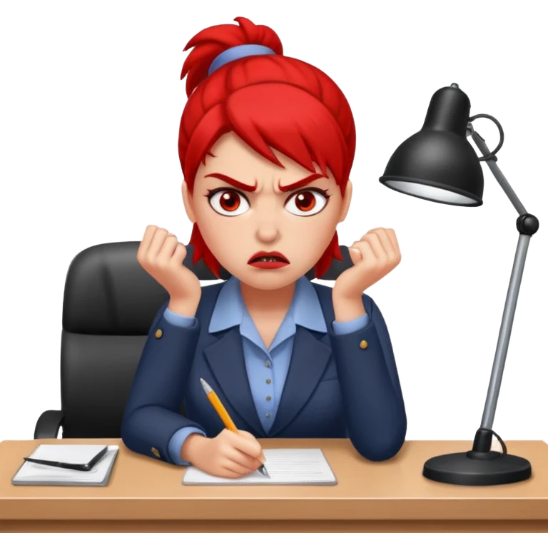Annoyed/angry worker (female) working at a desk emoji