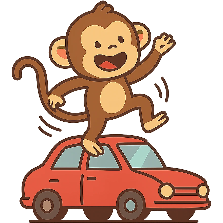 flat toon style monkey dancing on a car emoji