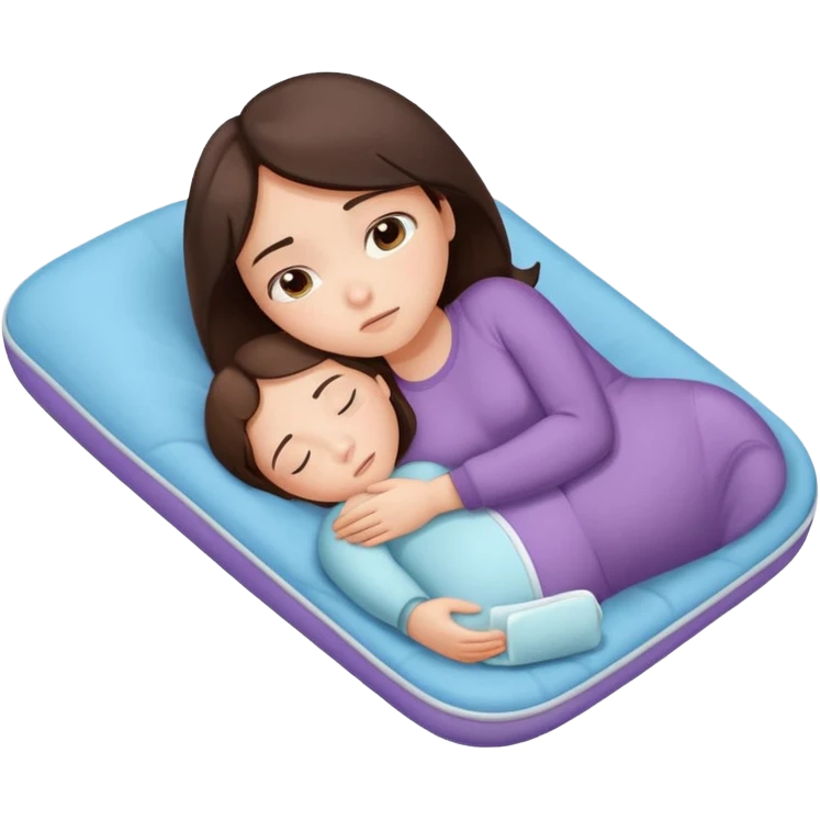  a brunette girl lying down on her side, holding a warm heating pad against her lower belly. She's uncomfortable and sad, her posture should show she’s having bellyache. Use simple lines, rounded shapes, soft colors, and a clean emoji aesthetic. Make it expressive but still adorable emoji