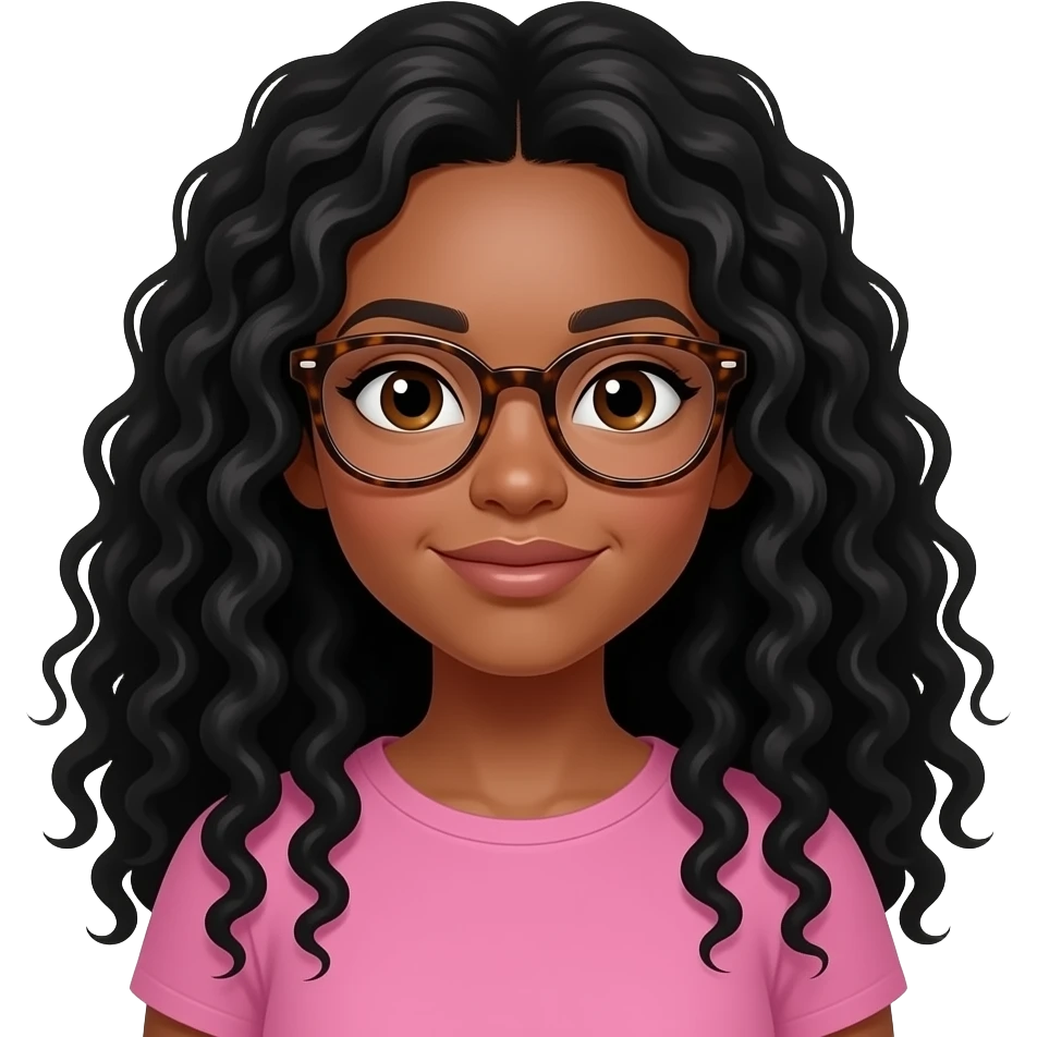 brown skin girl with black very long curly hair, brown eyes, pink shirt, tortoise glasses emoji