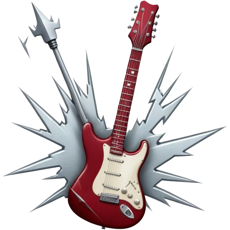 Create a fierce and edgy emoji representing hardcore rock vocal performance in a humanless collage. The design should feature a vintage microphone at the center,  surrounded by a menacing, distorted electric guitar with sharp, aggressive angles. Add crossed drumsticks behind the microphone to symbolize the rhythm and power of the drums. Include subtle elements like lightning bolts, flames, or jagged sound waves to evoke the raw energy and intensity of hardcore rock. Use dark, intense colors like black, red, and silver, with a metallic, gritty finish to convey the rebellious, aggressive spirit of the genre. The background should be transparent. emoji