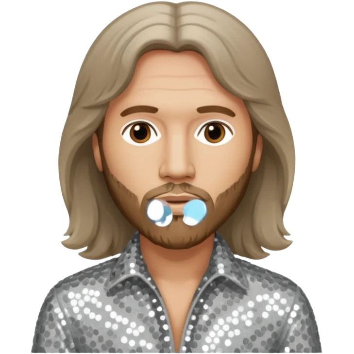 Barry Gibb from Bee Gees with light grey sequin outfit, long brown hair emoji