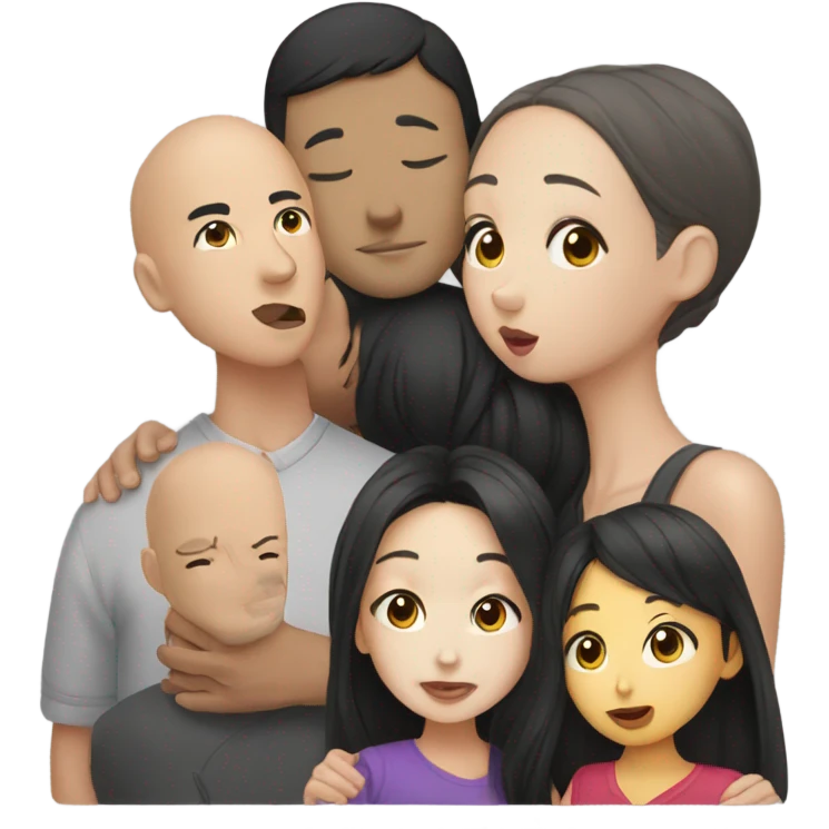 Asian girl dark hair kissing mixed bald man emoji