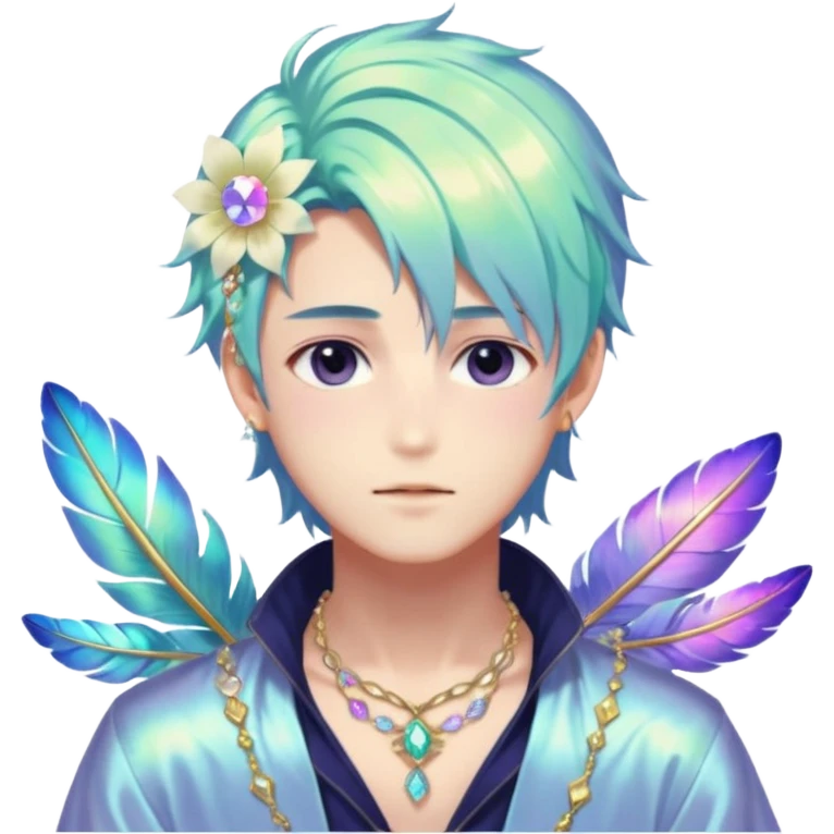 Beautiful gorgeous anime guy with beautiful iridescent-special-hair, fashion aesthetic, ethereal, fairycore, pastelcore, feather, flower, gems, accessories, jewelries, gold, colorful emoji