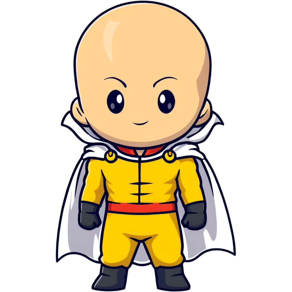 super cute chibi Saitama from One Punch Man with bald head, yellow jumpsuit, white cape and innocent face emoji