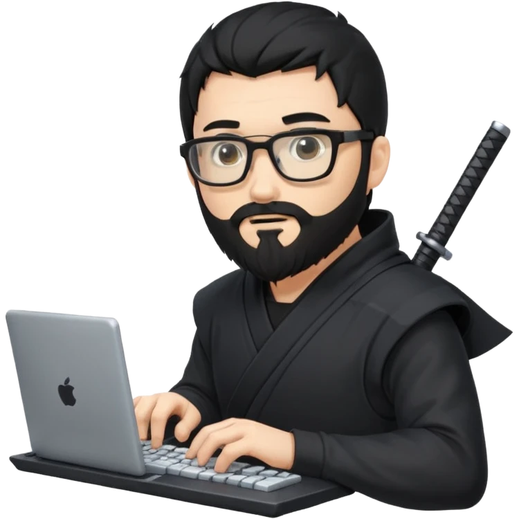 Man with black hair and beard wearing glasses in a ninja costume. Keep the top left version, make the beard longer and replace the sword on his with a computer keyboard  emoji