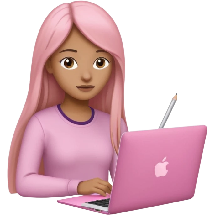 Mujer lacia peli larga y peli larga  en una MacBook rosa investigando y haciendo tareas con un libro de apuntes y con cara muy linda como modelo emoji