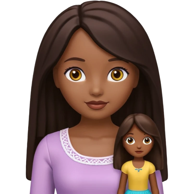 Boneca digital em estilo 3D realista e fofo, semelhante a uma boneca colecionável. Mulher jovem com pele negra, olhos castanhos escuros, cabelo liso cor chocolate, longo e bem alinhado.  emoji