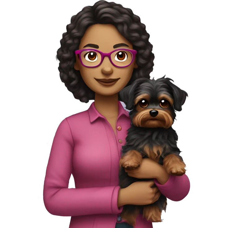 40 years old woman with dark brown long hair ,slidly curly wearing glasses with a dark pink frames  holding a yorkie dog emoji