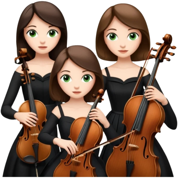 Create an imagine of three brunette women playing string instruments in black dresses, the first is playing a cello with blue eyes, the second is playing a viola with hazel eyes and the third is playing the violin with green eyes emoji