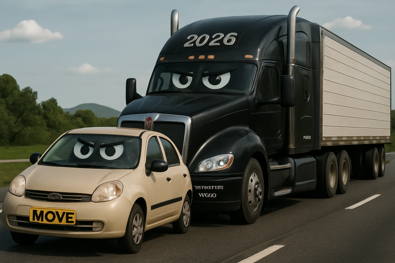Change the semi truck to black, keep the rest of the scene the same, in a realistic style. emoji