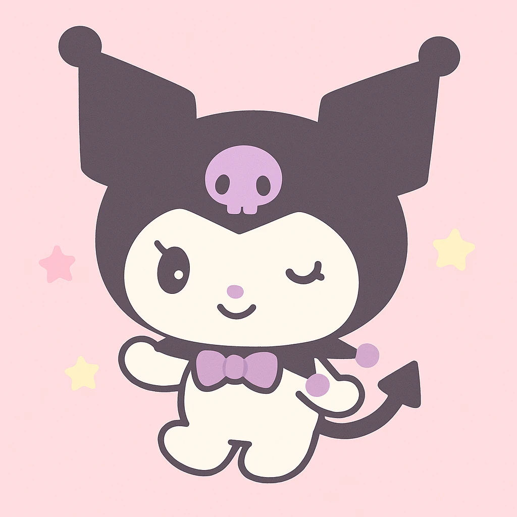 Kuromi character, classic Sanrio style, winking, purple and black outfit emoji