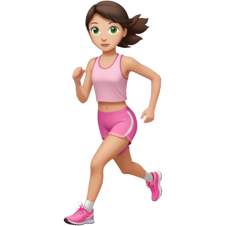 a white brunette girl with green eyes and freckles going for a run in a light pink outft emoji