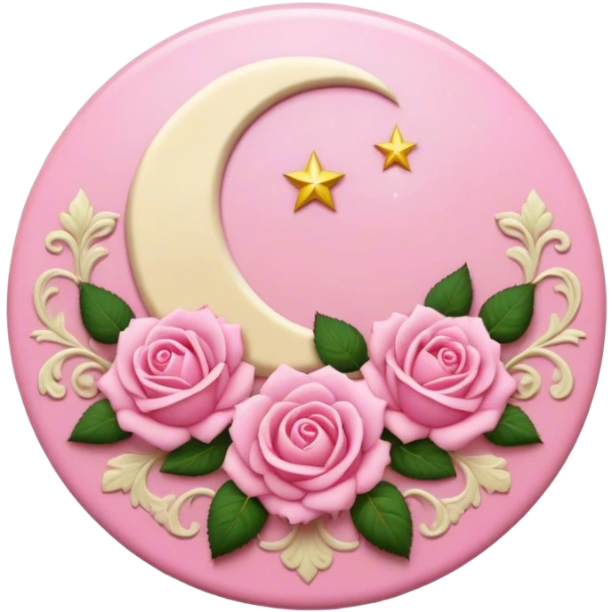 A round pink button with a cream colored damask moon and pink roses in the center emoji