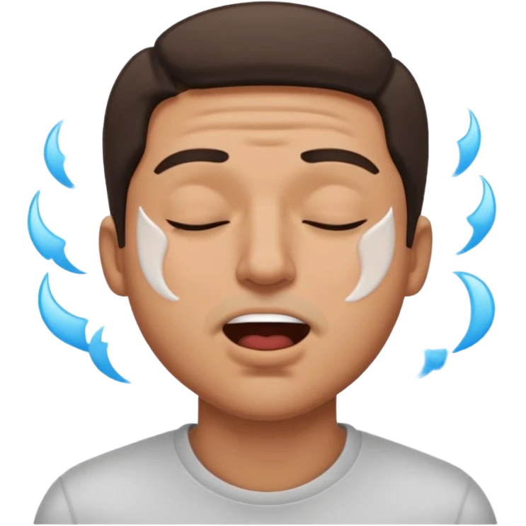A male squinting his eyes closed but the mouth is blowing out emoji