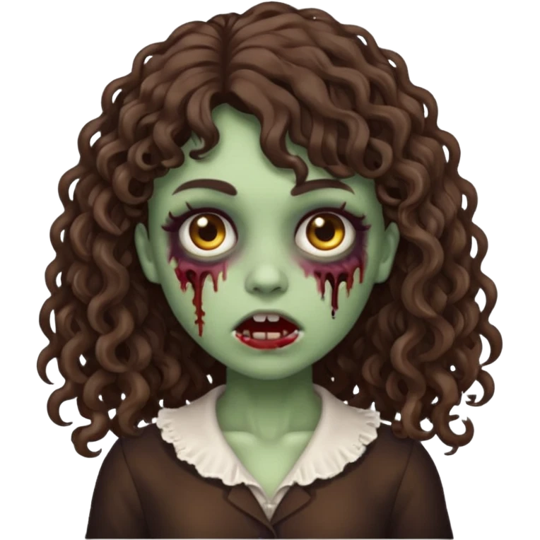 Emoji garota zombie com cabelo castanho escuro cacheado longo com franja cacheada sem volume emoji