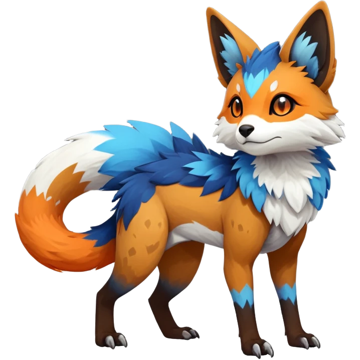 Rare realistic exotic brown beige white neon-orange dark-blues cute epic pretty beautiful handsome gorgeous aesthetic colorful vibrant Vernid-Trico-species-Fakemon-creature by LiLaiRa, 4 legs, 1 tail, random markings, (full body) emoji