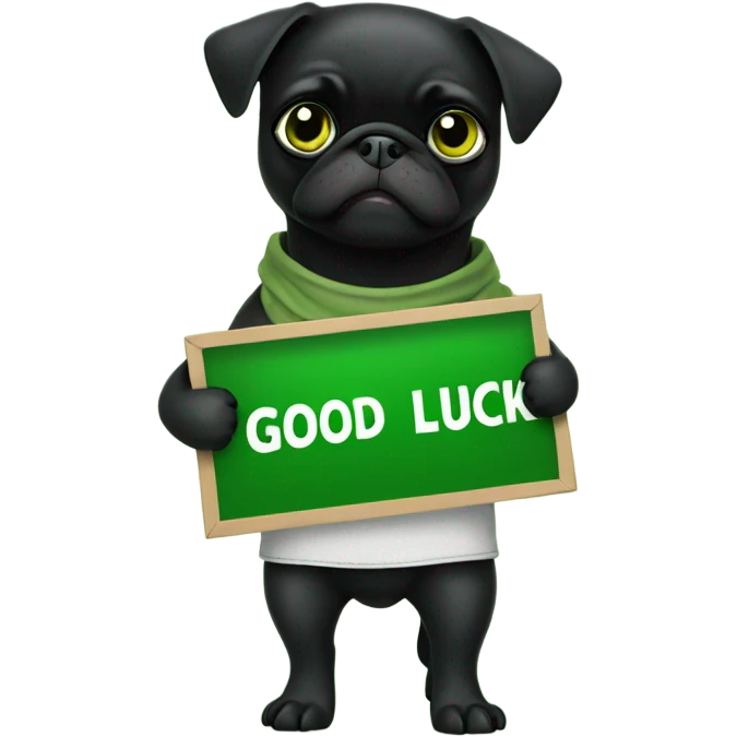 Black pug holding a green sign that says good luck  emoji