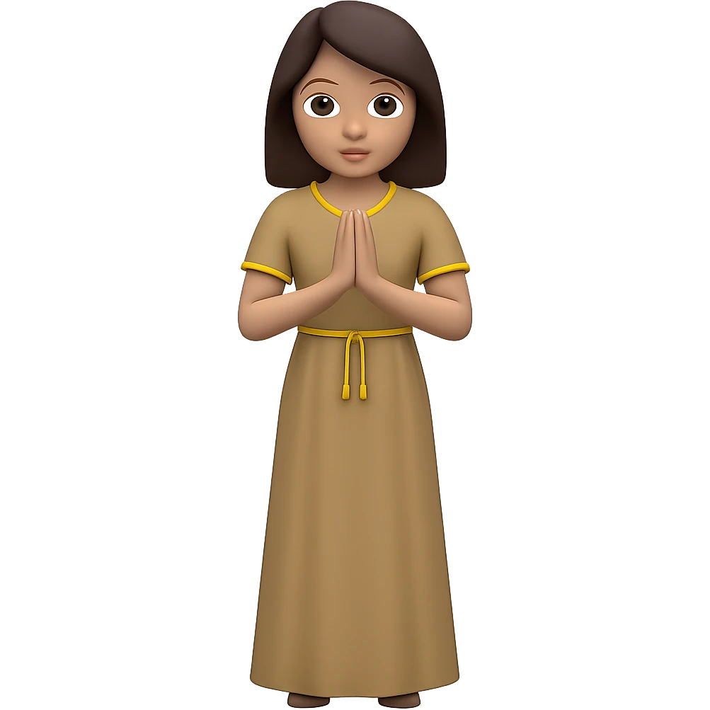 Show the woman standing and praying from the front view, wearing a long tan dress, with dark brown hair, in emoji style. Remove the background. emoji