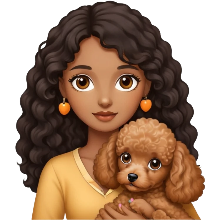 woman with  brown  skin,longblack wavy  hair and brown  eyes is holding a apricotpoodle puppy emoji
