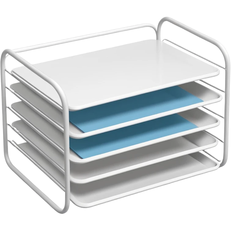 A minimal, clean emoji-style illustration of a white metal desk paper organizer tray, shown in slight isometric view so its structure is readable at a small scale. The organizer is rectangular with rounded corners, made of thin white metal wires, forming two to three stacked horizontal slots.
 emoji