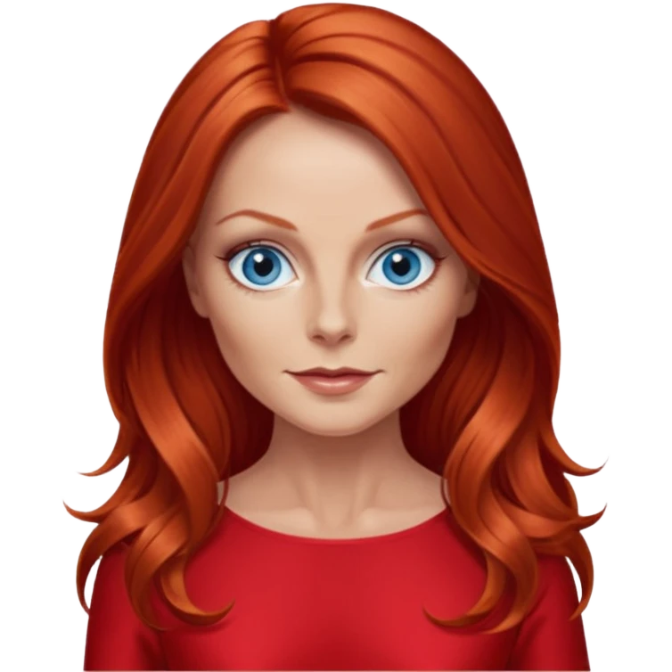 Geri Halliwel with long red hair, blue eyes, red outfit emoji