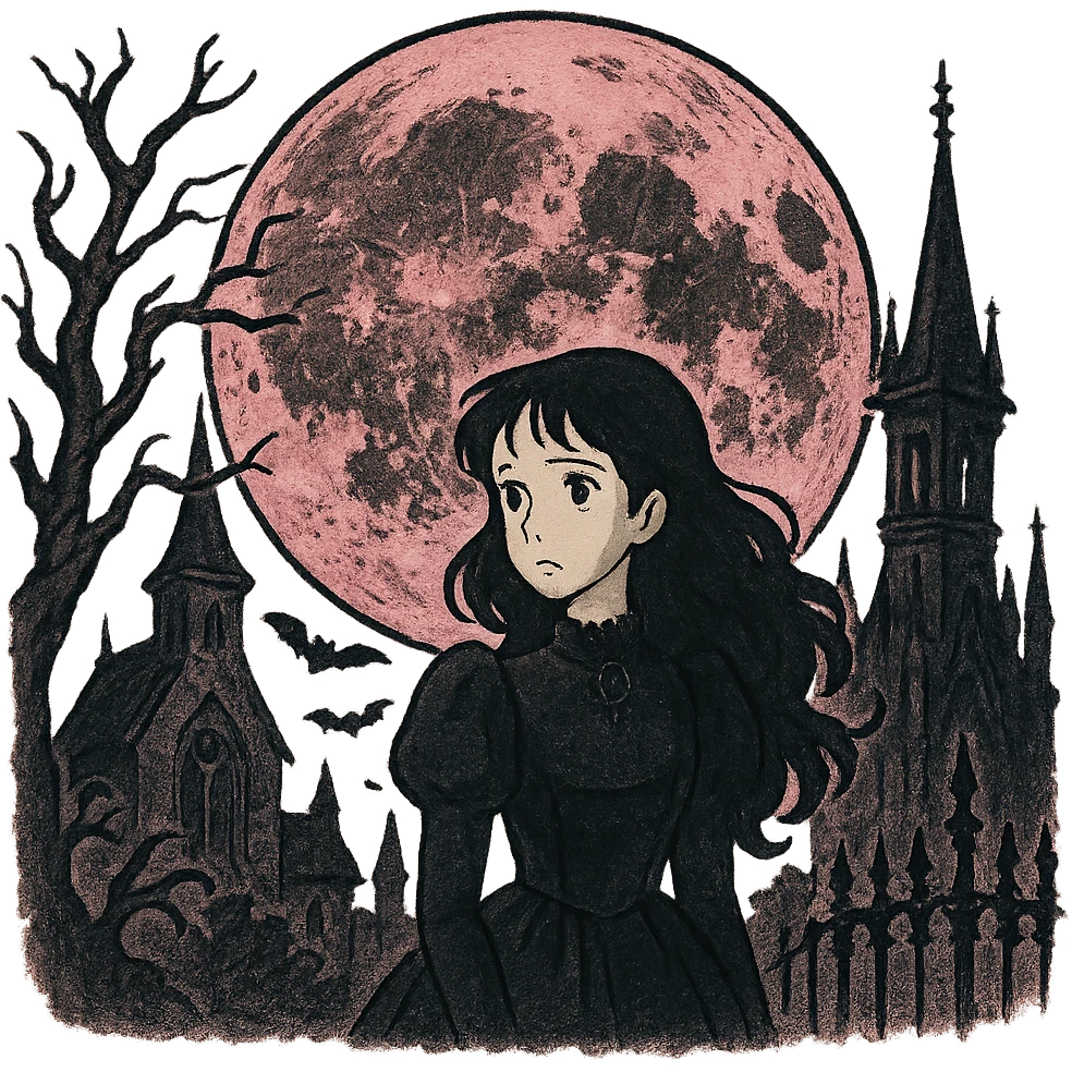 gothic moon, black and pink color scheme emoji
