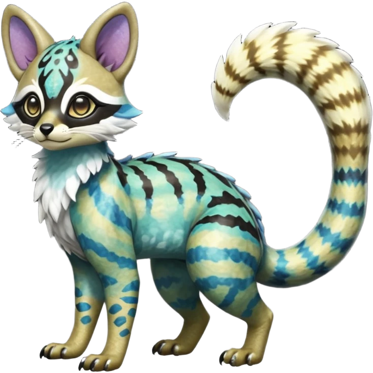 Rare realistic iridescent shiny warm-colored lush tropical exotic cute epic pretty beautiful handsome gorgeous aesthetic colorful vibrant Vernid-Protogen-Primagen-Wickerbeast-Genet-Trico-species-Fakemon-hybrid-creature by LiLaiRa, beautiful intricate markings, full body emoji