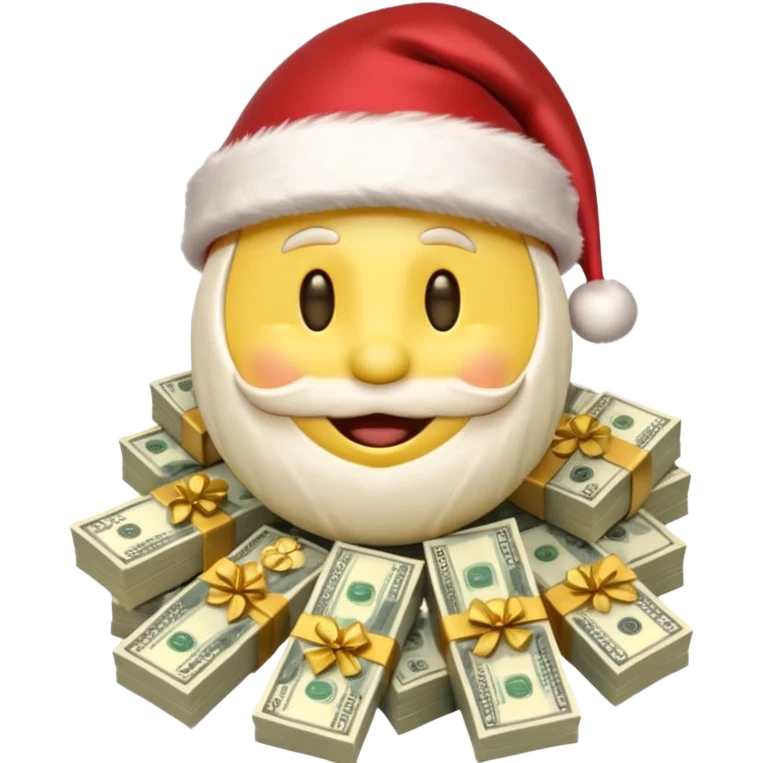 A festive 3D emoji style yellow smiley face wearing a Santa hat, surrounded by stacks of cash and dollar bills, joyful expression, Christmas and New Year theme, high quality, clean design, studio lighting, no text, no background, isolated object, transparent background, emojis.com style emoji