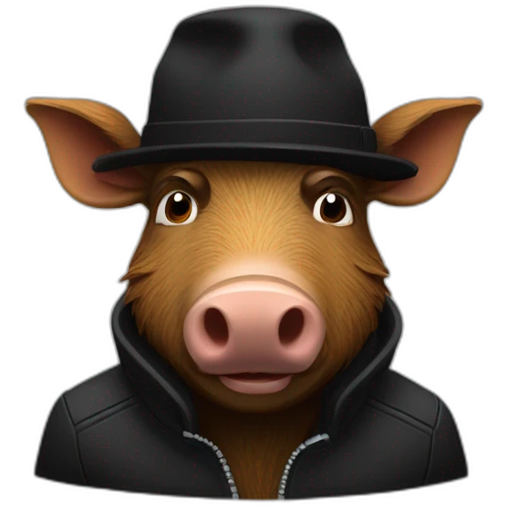 fullface wild tired brown boar with stubble in a black jacket and a black winter hat emoji