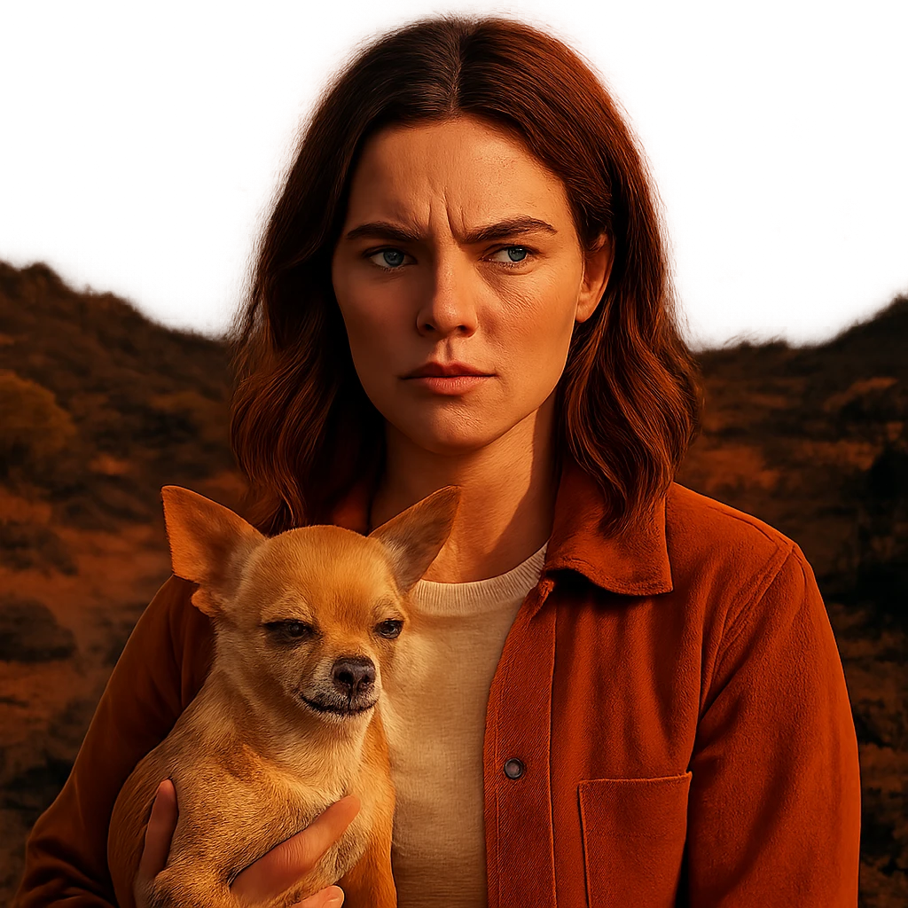 Portrait of a woman inspired by the facial features visible in the reference images, with a tanned complexion and subtle freckles. She wears a shirt in color #FFF8CA and a rust-colored jacket. Her hair is medium-length brown with auburn highlights. She has a determined and slightly angry expression, holding a beige-brown chihuahua. The style is inspired by a Netflix series, with a transparent background. The ambiance is volcanic and wild from Tenerife, evoking the spirit of an Instagram diary. emoji