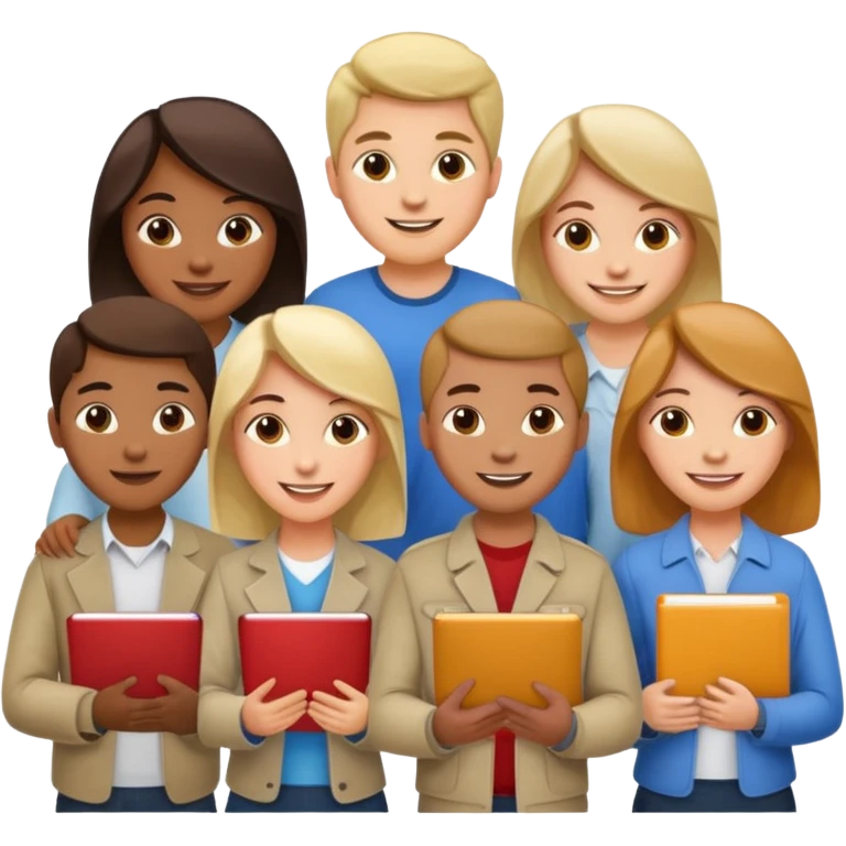 group of 5 colleagues 1 with computer, 1 with a copybook emoji
