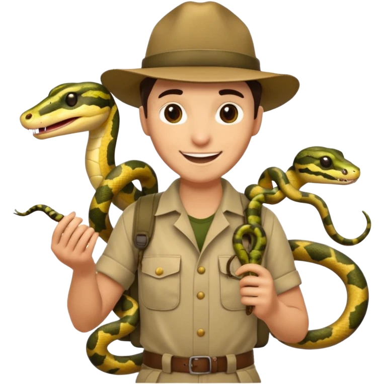 Depict different emotions of a photographer with snakes and other exotic animals emoji