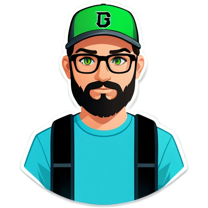 A man with a grey baseball cap, green eyes, big dark brown beard and glasses, gamers headset emoji