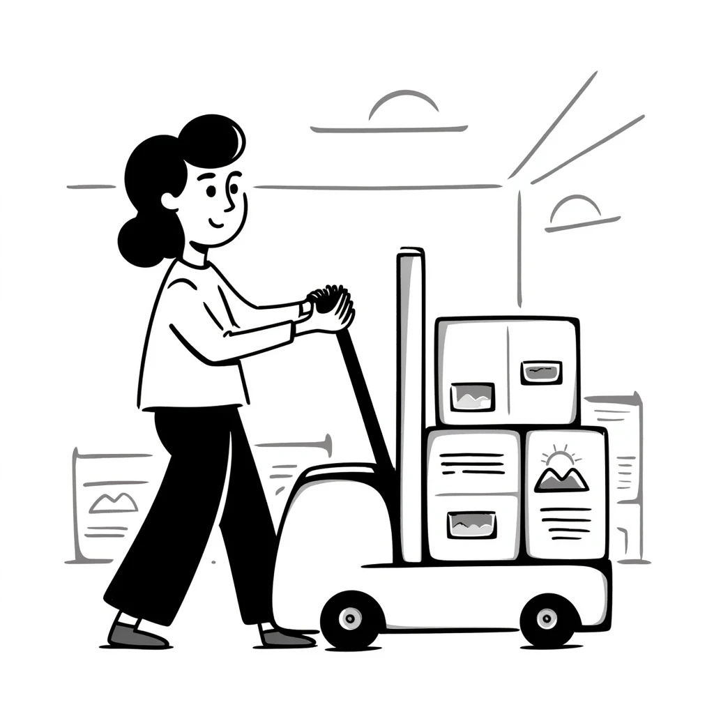 A hand-drawn warehouse worker with a forklift carrying inventory, representing a supplier emoji