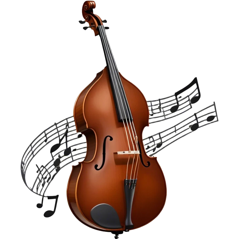 Create an elegant and detailed emoji representing a Gliga Gama double bass with bow. The design should showcase the large, sleek body of the double bass with its rich wood finish, including the characteristic curves and deep tone holes. The bow should be elegantly positioned next to the instrument, highlighting the hair and smooth wooden stick. Use warm wood tones like chestnut brown for the body of the bass, silver accents for the fittings, and dark brown for the bow. Add subtle musical notes or sound waves flowing from the bass to represent its deep, resonant sound. The background should be transparent. emoji