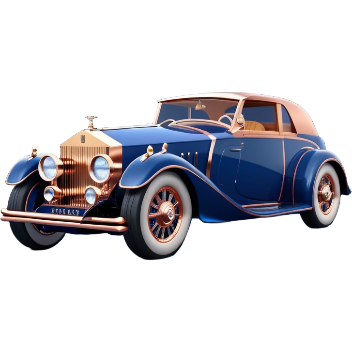 dark blue led lights on a streamlined stripped down hot rodded inlaid rose gold and wood accentuated sporty 1932 Rolls Royce with futuristic electric spaceship plasma neon glowing motors and lightening dynamos with wide racing wheels that are held strong by advanced suspension and steering emoji
