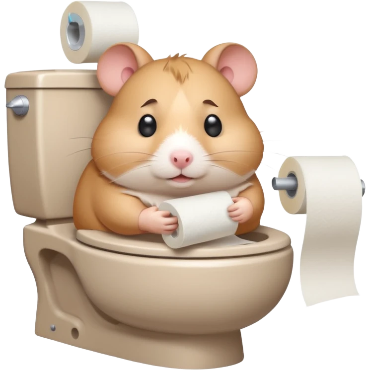 Cute chubby cartoon-style hamster sitting on toilet holding toilet paper looking as if he had an accident, sticker-style illustration emoji