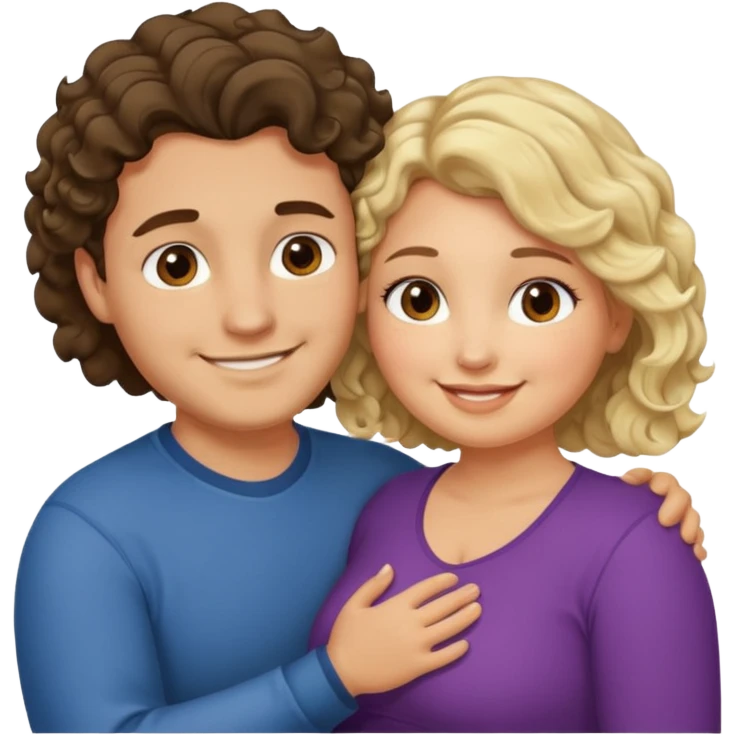 flirty couple hugging. The man short dark brown hair. The woman is chubby and has shoulder-length blond curls emoji