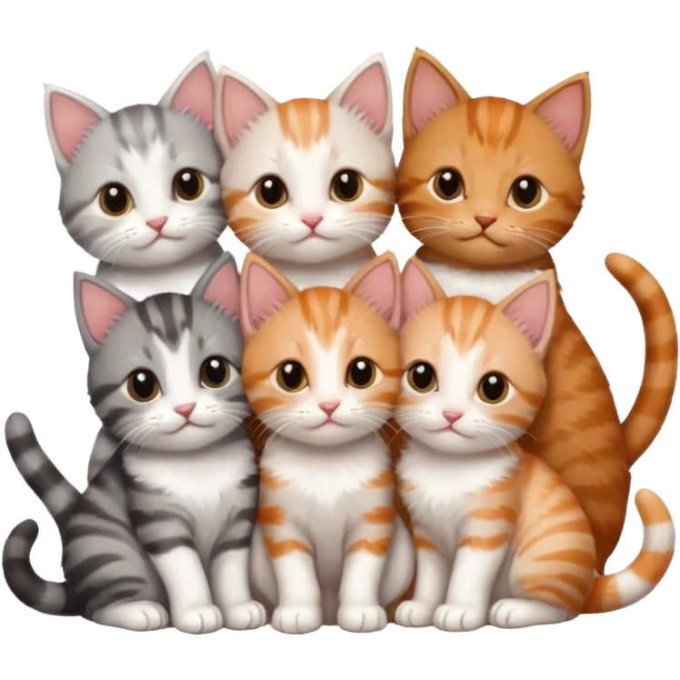 6 tiny kittens cuddling together all different colours, the first one is grey and white, the second is ginger and white and the third is brown tabby and white emoji