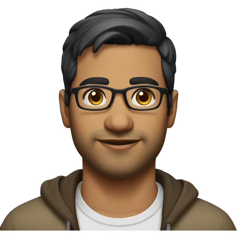 A head and shoulders shot of a 31 year old South Asian man, with short black hair, with none facial hair,  wearing glasses with brown eyes wearing a t-shirt. emoji
