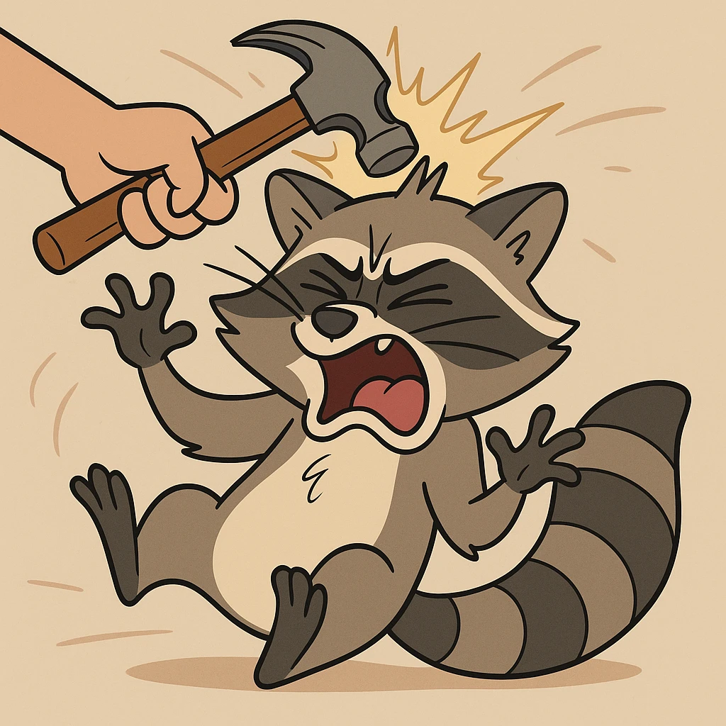 Rascal the raccoon being hit by a hammer, expressive, cartoon style emoji
