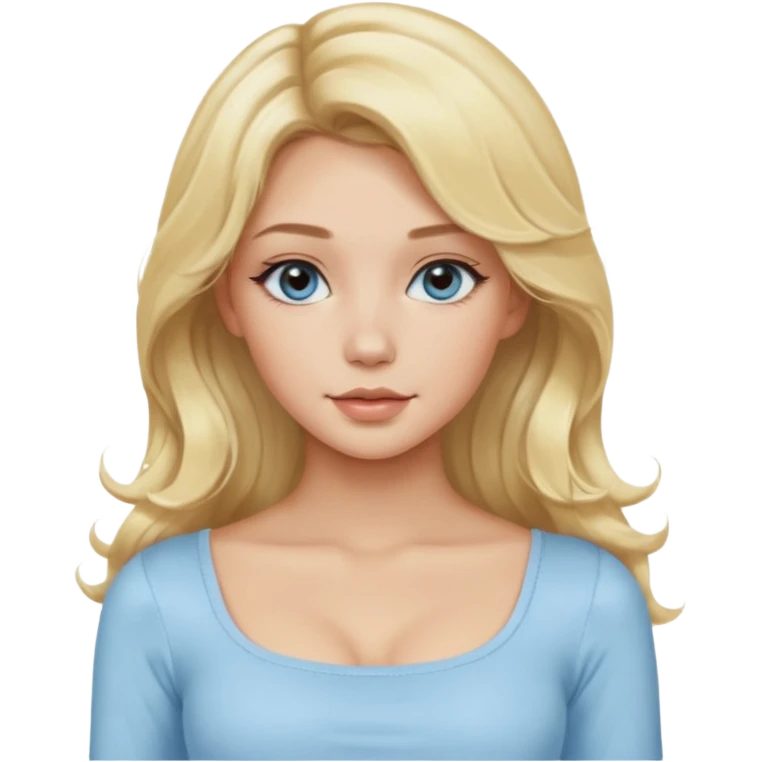 pretty girl blonde soft wavy long hair middle part makeup light baby blue skin tight square neckline long sleeve top emoji