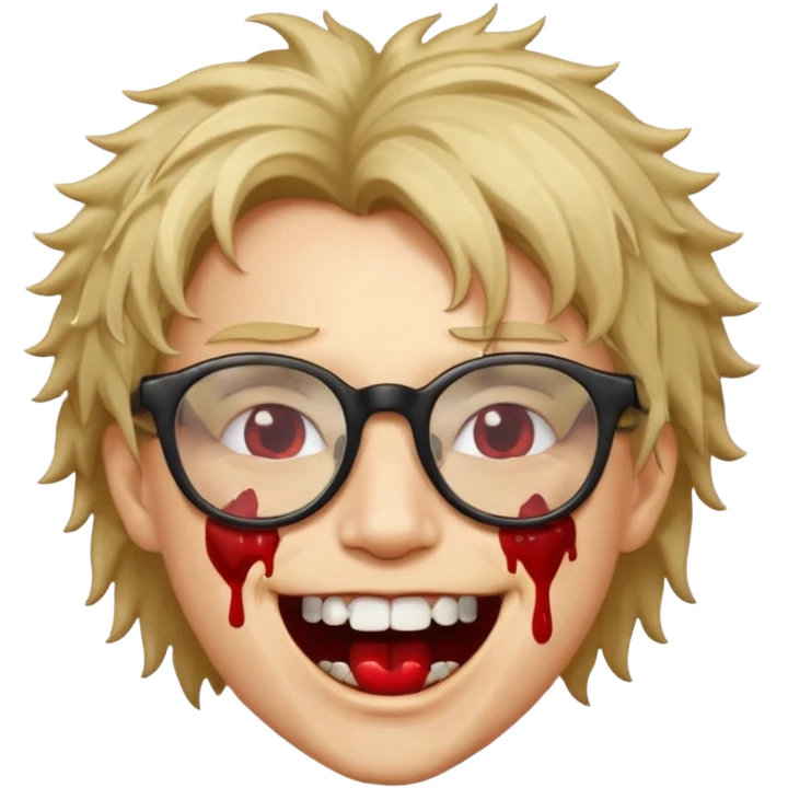 Cabelo bagunçado com oculos sorrindo com metade do rosto com dente de ouro e saindo sangue da boca  emoji