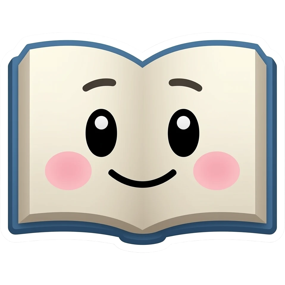 Книга - плоский Стикер-дизайн, мультяшная иллюстрация, пастельные цвета, округлые формы, без глаз и ртов, толстый мягкий контур emoji