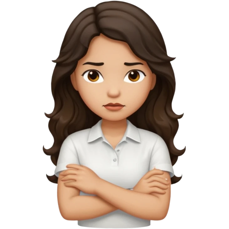Hispanic light tan girl with long dark wavy hair with arms folded and slightly pouting emoji
